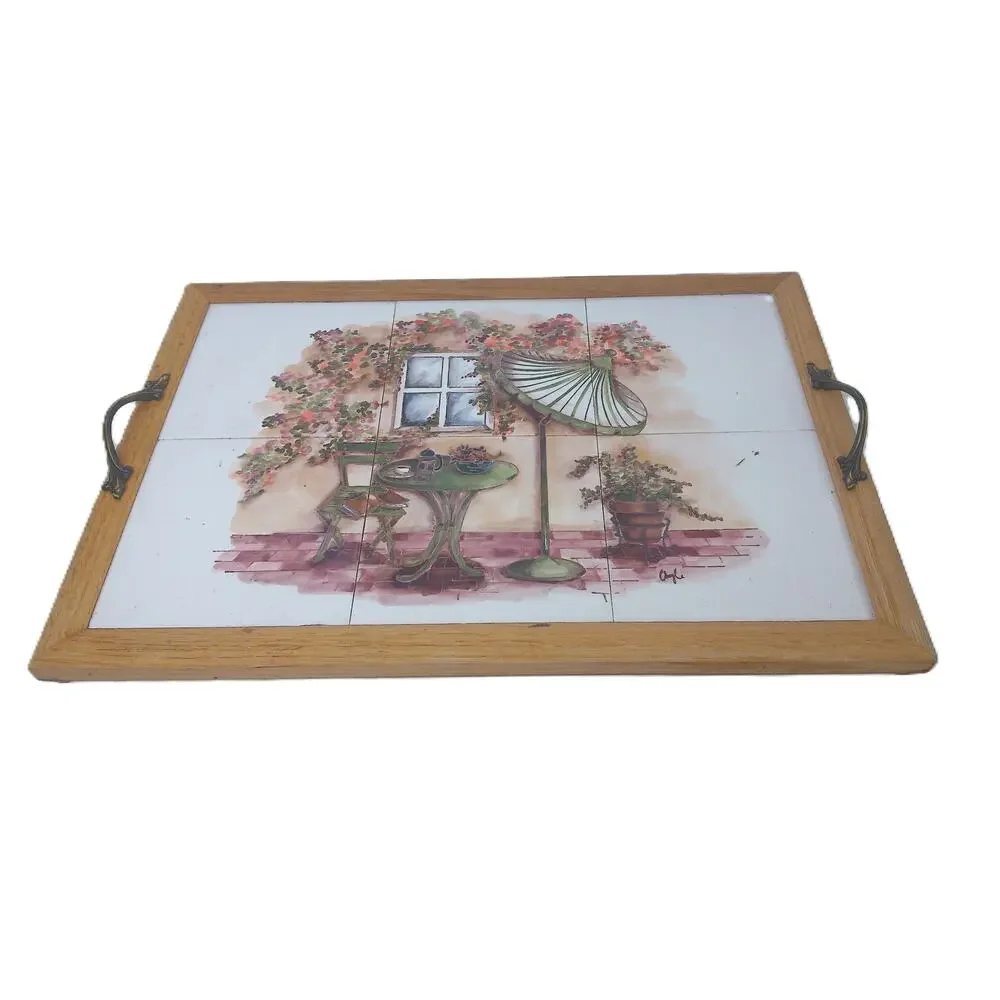 Vintage Empty Nest Ceramic Tile Wood Serving Tray Bistro French Café Scene